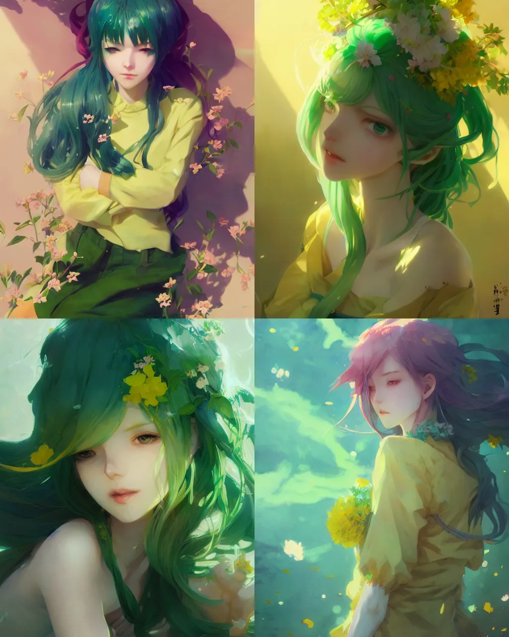 Image similar to girl with green hair and yellow clothing, flower decoration on the background, a beautiful half body illustration, top lighting, perfect shadow, soft painting, art by hidari and krenz cushart and wenjun lin