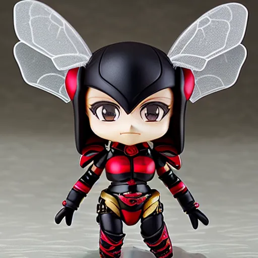 Prompt: photograph of cute bee nendoroid with themed black armor with crimson metal wings, portrait, hyperdetailed, artstation, cgsociety, 8 k, by tangerine dream