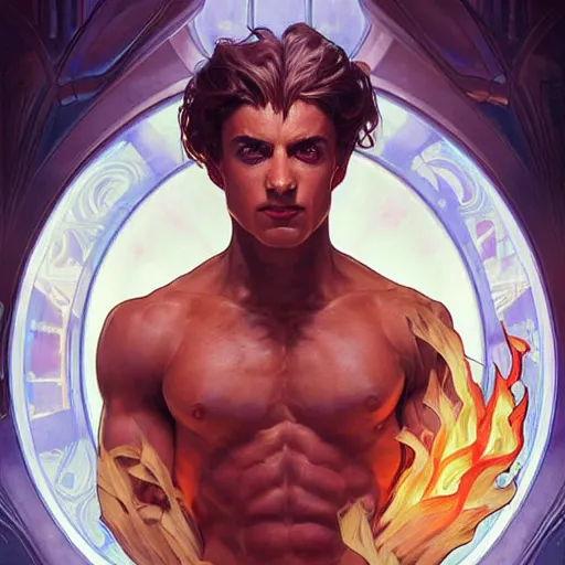 Image similar to character concept, portrait, symmetrical head - on centralized, young man with strong body and fire eyes. detailed, high quality, dynamic lightning, fantasy, scenematic. artwork by artgerm, wlop, alex ross, greg rutknowski, alphonse mucha