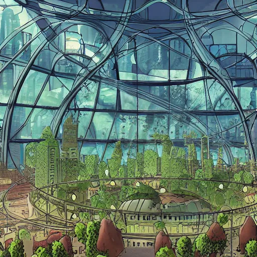 Prompt: a city shrouded in a dome of transparent plants, comic book style, high res
