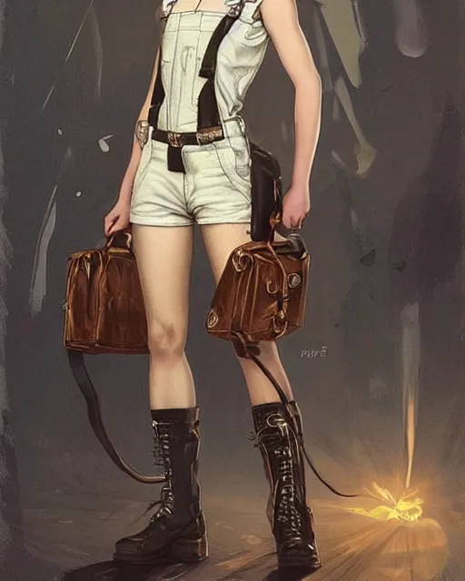Image similar to a full body portrait beautiful androgynous punk girl with short hair and beautiful eyes, beautiful face, who is a mechanic wearing overalls with a utility bag, digital concept art, detailed digital painting, ornate decorative background, very aesthetic!!!!!!, by j. c. leyendecker and edward blair leighton and charlie bowater, trending on artstation