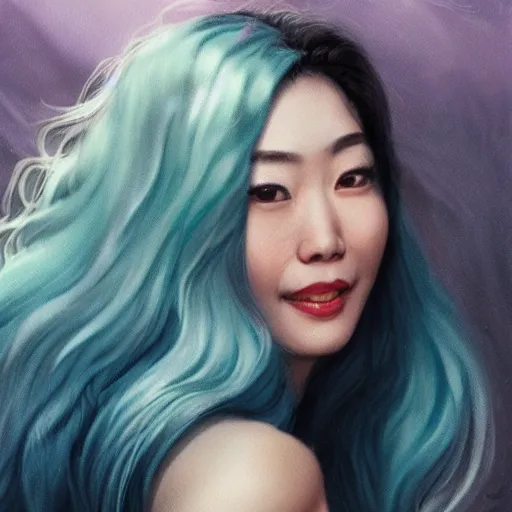 Image similar to A beautiful Asian actress with Turquoise hair smiling and taking a selfie inside the mouth of 'Jaws', diffuse lighting, fantasy, intricate, elegant, highly detailed, lifelike, photorealistic, digital painting, artstation, illustration, concept art, smooth, sharp focus, art by John Collier and Albert Aublet and Krenz Cushart and Artem Demura and Alphonse Mucha”