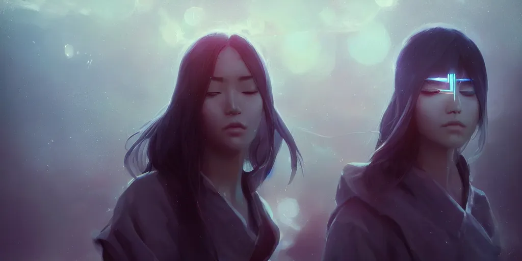 Prompt: Young Tibetan woman, somber white eyes, long, gentle lighting, lonely spaceship, futuristic, dim lighting, digital art by Makoto Shinkai ilya kuvshinov and Wojtek Fus, digital art, concept art,