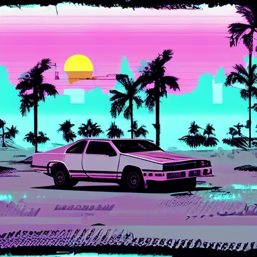 Image similar to wasteland destroyed hotline miami car wide shot epic post apocalyptic landscape miami nuke fire craters end of the world miami beach sunset vapor wave palm trees 80s synth retrowave delorean decal
