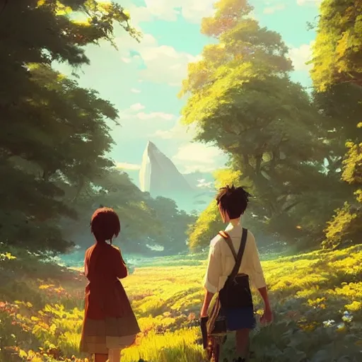 Image similar to a beautiful scene, landscape, emotional. cgsociety masterpiece, artstation trending, by rossdraws, ghibli, kimi no na wa, greg rutkowski, simon stalberg, greg manchess