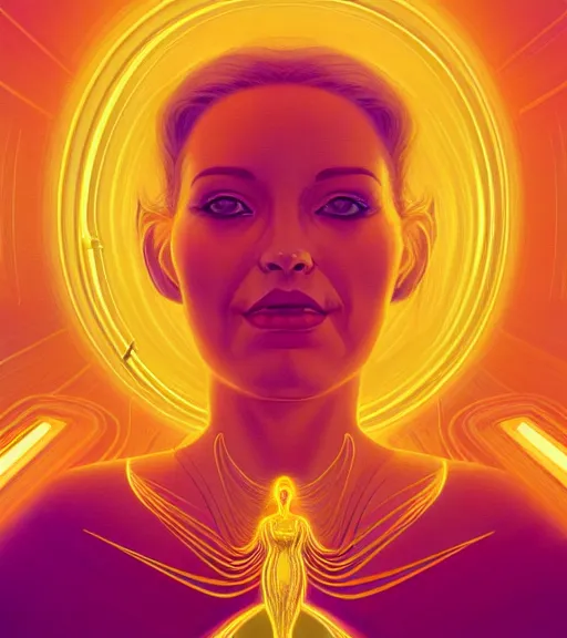 Image similar to a golden woman 2/3 portrait, in space, head breaking apart and spiraling geometry into the sky upwards into the heavens, 3 point perspective, lazer light beaming down to top of her head, by james jean, by syd mead artgerm, featured in artstation,, elegant, Moebius, Greg rutkowski, futurism