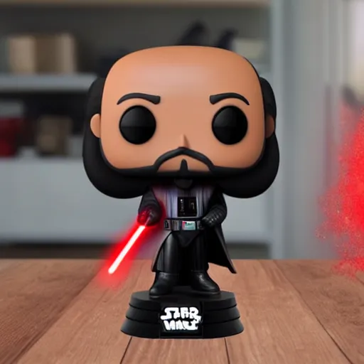 Image similar to a darth vader funko pop wielding a red lightsaber on a table inside a suburban house