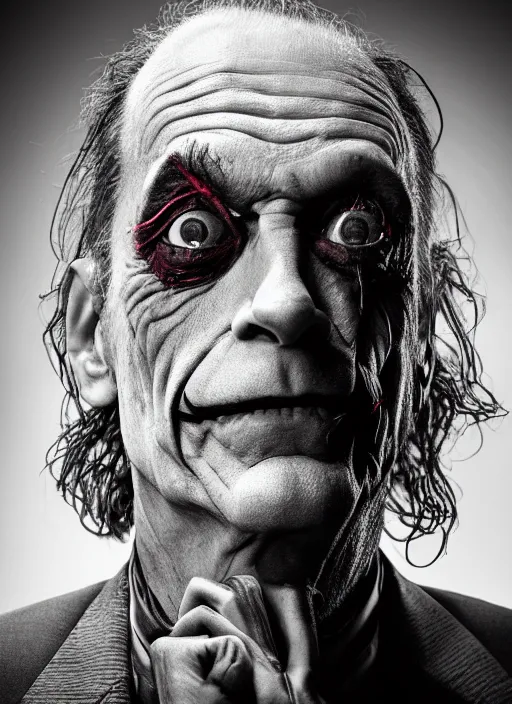 Prompt: photo of Christopher Lloyd as the Joker by Eolo Perfido and Lee Jeffries, smile, head shot, detailed, award winning, Sony a7R