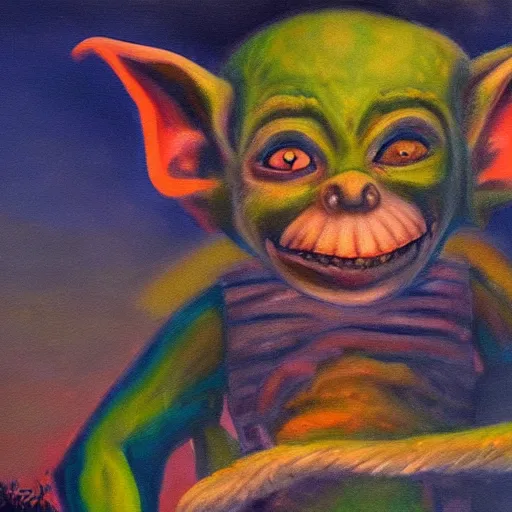 Image similar to a painting of a goblin in a suburban neighborhood, at night