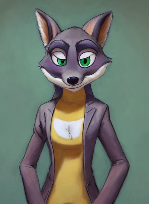 Image similar to oil painting detailed full body of anthromorphic female wolf, in style of zootopia, zootopia, zootopia, fursona, furry, furaffinity, 4 k, deviantart, furry art, fursona art, wearing business suit, in style of zootopia, wolf fursona, cyberpunk, female, expressive, detailed feminine face,