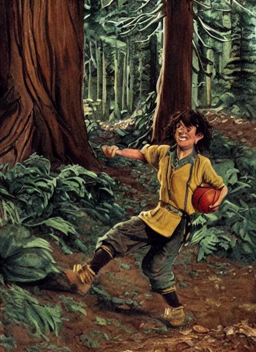 Prompt: a hobbit wearing hiking boots and teal gloves playing basketball in a forest, by bonestell chesley
