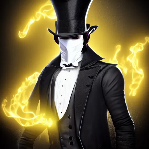 Image similar to a highly detailed portrait of a man in a high top hat covering his face, in a black tailcoat with a yellow waistcoat under the tailcoat, artstation, deviantart, professional, unreal engine 5, photorealistic