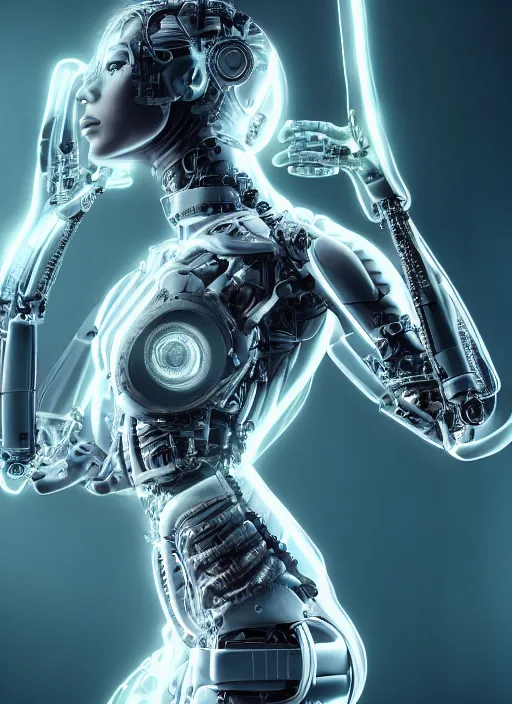 Image similar to photorealistic detailed full body picture of a female cyborg, pretty face with arms and legs, glamour pose, long hair, neon lights, humanoid, extreme, uhdr, book called the most influental cyborg in 2 0 5 0, fine details, highly detailed, intricate, smooth sharp focus, symmetrical features, environmental portrait