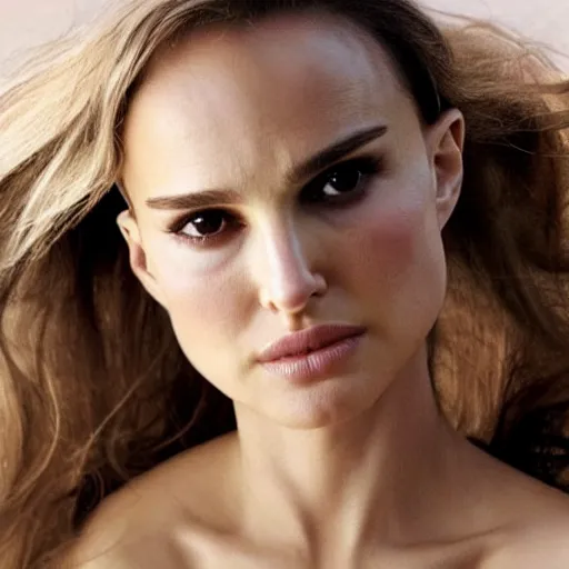 Image similar to a still of natalie portman a beautiful looking off into the distance, wavy medium - length blond hair, beautiful eyes, medium shot, with a soft, natural light falling on her face. the focus is on her eyes and brows, which are perfectly shaped and well - defined. by annie leibowitz