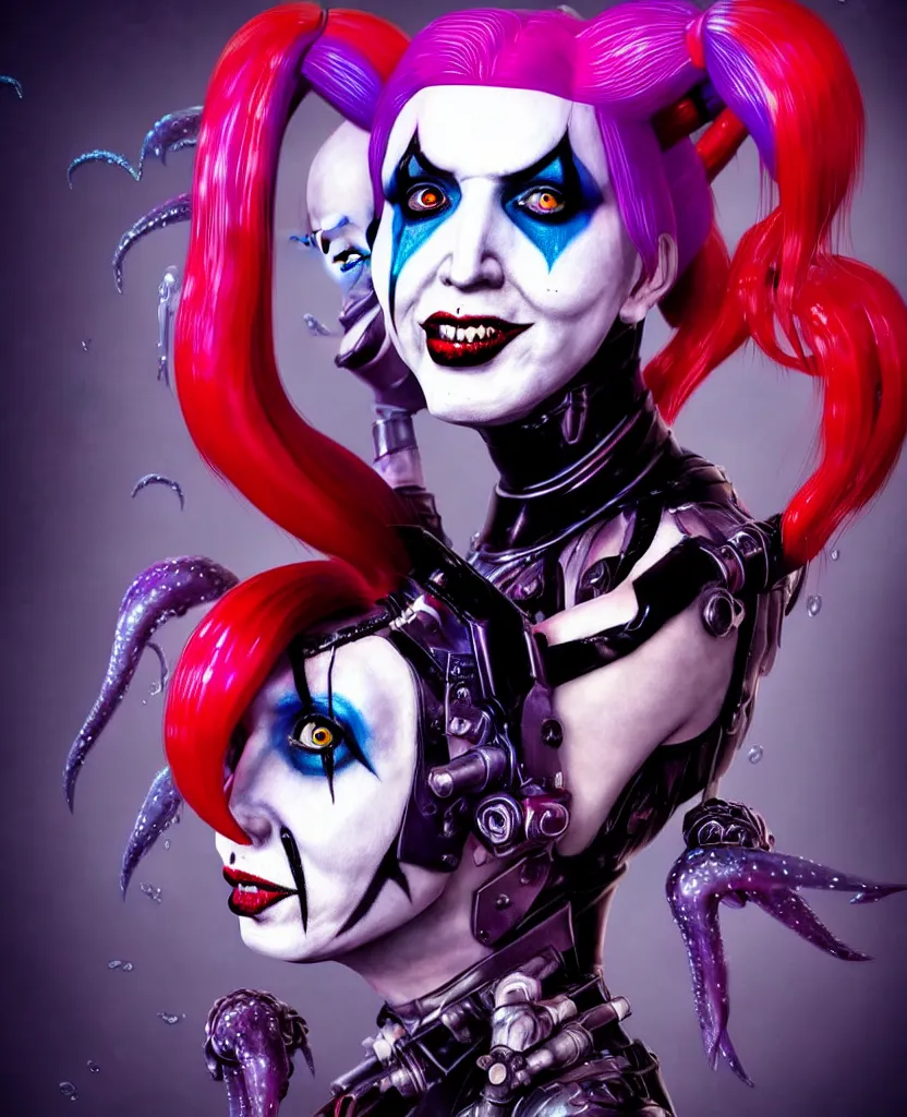 Image similar to Marilyn Manson as Harley Quin (The Suicide Squad), epic angle and pose, symmetrical artwork, 3d with depth of field, blurred background, cybernetic jellyfish female face skull phoenix bird, translucent, nautilus, energy flows of water and fire. a highly detailed epic cinematic concept art CG render. made in Maya, Blender and Photoshop, octane render, excellent composition, cinematic dystopian brutalist atmosphere, dynamic dramatic cinematic lighting, aesthetic, very inspirational, arthouse. y Greg Rutkowski, Ilya Kuvshinov, WLOP, Stanley Artgerm Lau, Ruan Jia and Fenghua Zhong