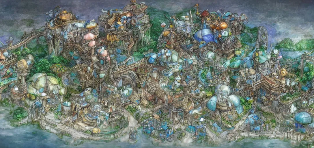 Prompt: dreamland, amusement park inspired by final fantasy 9, concept art, environment, in style of yoshitaka amano, highly detailed