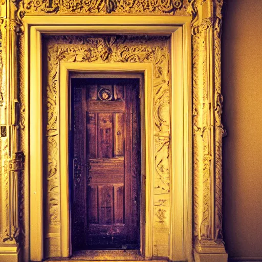 Prompt: a portal to new universe inside of an ornate door frame, wide angle, golden light, rainbows, vortex, 1 6 : 9,