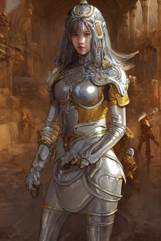 Image similar to portrait knights of Zodiac girl, silver and ice color reflected armor, in ruined Agora of Athens, ssci-fi, fantasy, intricate, very very beautiful, elegant, golden light, highly detailed, digital painting, artstation, concept art, smooth, sharp focus, illustration, art by WLOP and tian zi and alphonse mucha