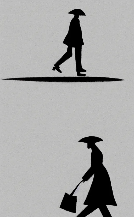 Prompt: symmetry!! black and white silhouette drawing of a single person walking, white background by stanhope forbes, centered