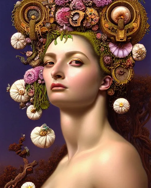 Prompt: portrait of the goddess of growth and decay, unusual beauty, flowers and plants, emotionally evoking symbolic metaphors, head in focus, fantasy, ornamental, intricate, elegant, sensual, highly detailed digital painting, artstation, concept art, painterly, golden ratio, sharp focus, illustration, art by John William Godward and Boris Vallejo and Zdzisław Beksiński,