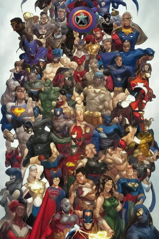 Prompt: group portrait of the League of Superheroes, duality of superheroes and villains, symmetry, fantasy, intricate, elegant, realistic faces, highly detailed, digital painting, artstation, concept art, smooth, sharp focus, cel-shaded, illustration, art by artgerm and greg rutkowski and alphonse mucha