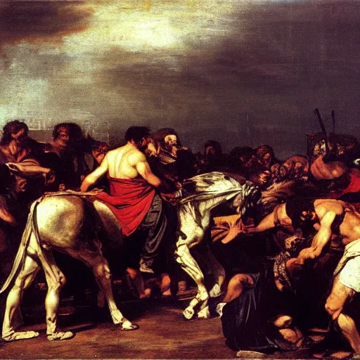 Prompt: painting of the collossus of rhodes, by valentin de boulogne