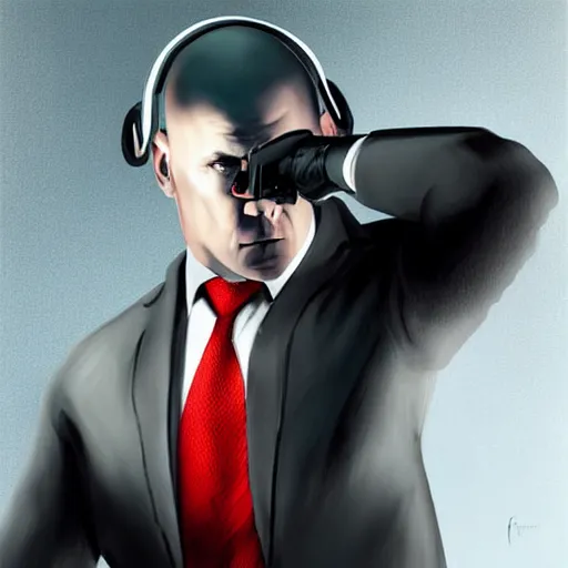 Prompt: a portrait of agent 4 7 from hitman wearing large headphones while pointing a silenced silver handgun, dark background, red rim light, smooth, sharp focus, art by irina french