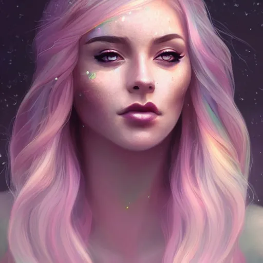 Image similar to portrait of a woman inspired by lois van baarle, charlie bowater, illustration, iridescent, iridescent hair, face, hair styles, light makeup, glitter, self confidence, cinematic 8 k
