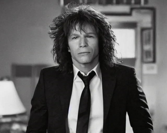 Image similar to movie still of Jon Bon jovi as Johnny in a scene from The Room, shot on Kodak 35mm film stock