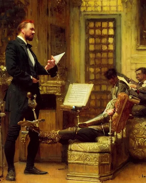 Prompt: a handsome man rehearsing shakespeare to a room full of businessmen, painting by gaston bussiere, craig mullins, j. c. leyendecker