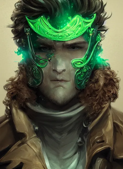 Image similar to a highly detailed illustration of young thick wavy messy haired guy wearing mechanical green face mask and brown noir coat, dramatic bored expression, intricate, elegant, highly detailed, centered, digital painting, artstation, concept art, smooth, sharp focus, league of legends concept art, wlop