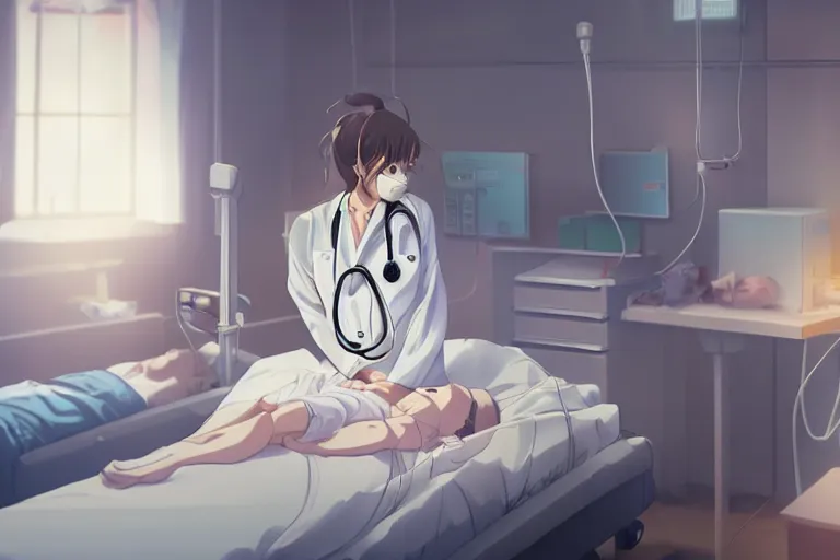 Prompt: a cute and beautiful young female doctor wearing white coat are taking care of a patient on a bed in a hospital ward, slice of life anime, lighting, anime scenery by Makoto shinkai