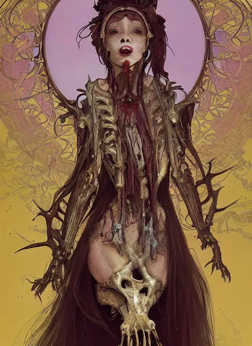 Image similar to portrait of a joyful ghost girl, golden robe, fangs , decaying bones, biomechanical, exposed bones, antlers, concept art, artstation, 4k, detailed, dramatic lighting, afternoon sun, purple liquid, alphonse mucha, syd mead, moebius, mohrbacher, tarot card, digital painting, artgerm, Hiroshi Yoshida