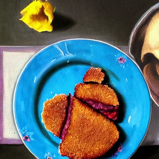 Prompt: epic illustration of a breaded steak with jam and a `blue flower`!!!!!!!!, best on artstation, cgsociety, much detail, much wow, masterpiece