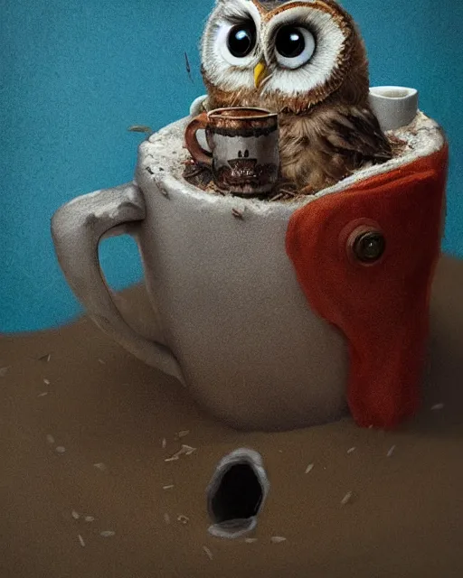 Image similar to long shot of a very cute owl chick nesting in a mug, esao andrews, humorous illustration, hyperrealistic, big depth of field, warm colors, night scenery, low light, 3 d octane render, 4 k, concept art, hyperdetailed, hyperrealistic, trending on artstation