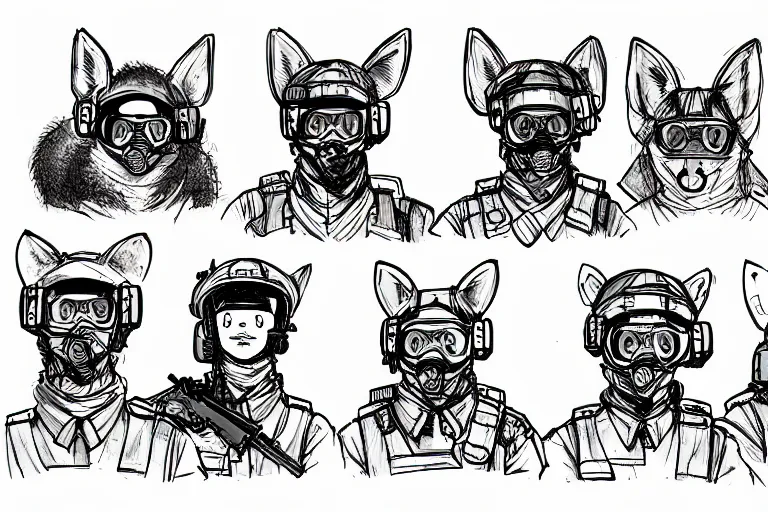 Image similar to ink study of a group of furry modern army soldiers with animal ears, fish eye perspective, key visual with intricate linework, in the style of kim jung gi