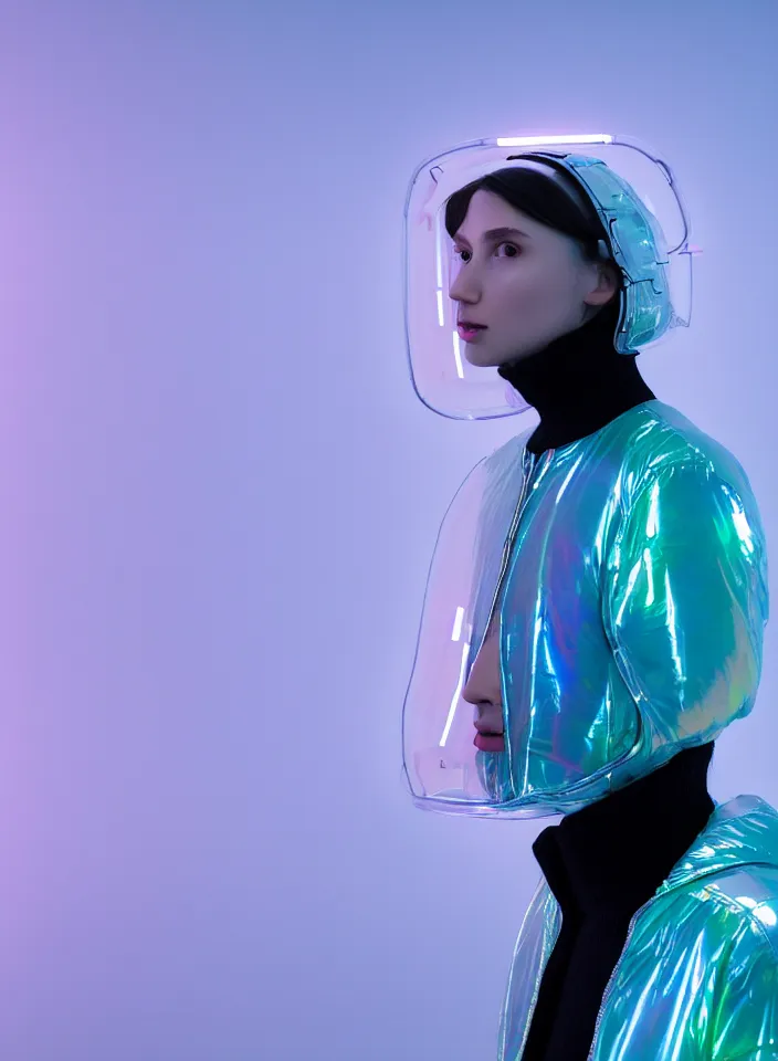 Image similar to an ultra high definition professional studio quality photograph of an artificially intelligent cyberpunk art influencer wearing a transparent iridescent pastel coloured face visor and matching bubbly puffy raincoat on white coat hook in a sheer icelandic black rock environment. three point light. dramatic lighting. volumetric shadows. light rays