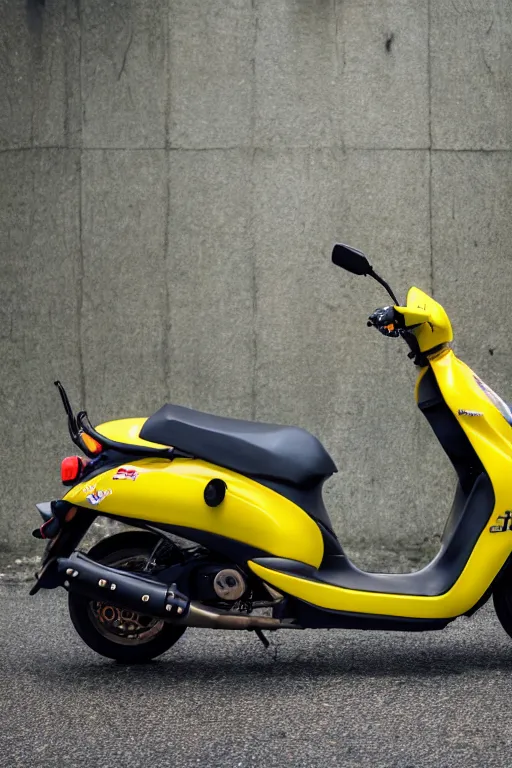 Image similar to photo of suzuki hayate ss with black and yellow paintjob, vietnam traffic background, golden hour, 5 6 0 ccm, race style, custom scooter, dslr, 8 5 mm, f / 1. 3