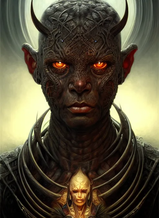 Prompt: closeup portrait shot of a demon warrior in a scenic dystopian environment, intricate, elegant, highly detailed, centered, digital painting, artstation, concept art, smooth, sharp focus, illustration, artgerm, tomasz alen kopera, peter mohrbacher, donato giancola, joseph christian leyendecker, wlop, boris vallejo