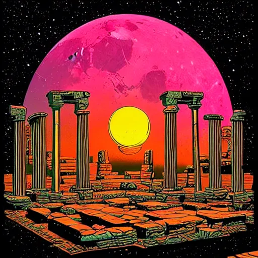 Prompt: ancient ruins, synthwave, moon, stargate, die cut sticker art by Dan Mumford and by Michael Whelan