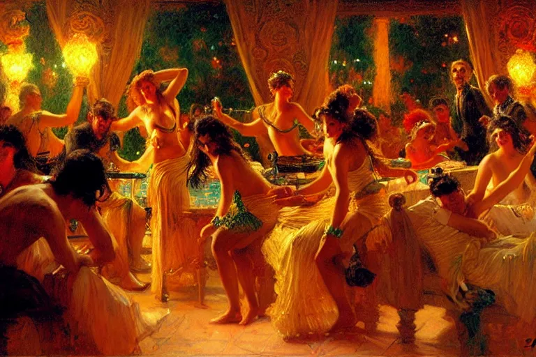 Image similar to 9 0's ibiza party, night, painting by gaston bussiere, craig mullins, j. c. leyendecker