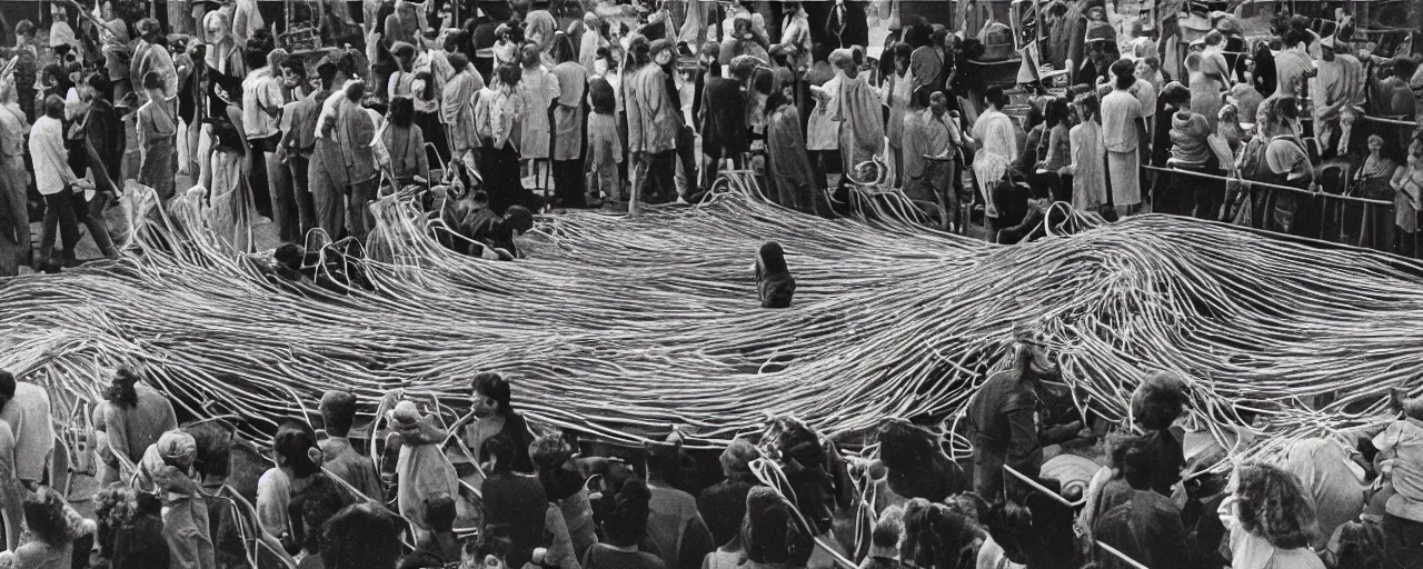 Prompt: hippies standing on a stage made of spaghetti protesting the war, 1 9 6 0's, muted, canon 5 0 mm, cinematic lighting, photography, retro, film, kodachrome