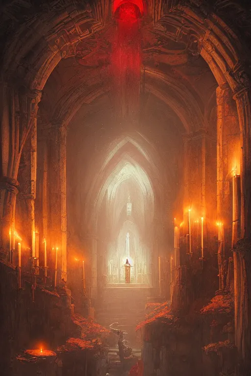 Prompt: Detailed Interior of Monastery Ruins, dark dementor red, light of god, light shafts, candles, stunning atmosphere, in Style of Peter Mohrbacher, cinematic lighting