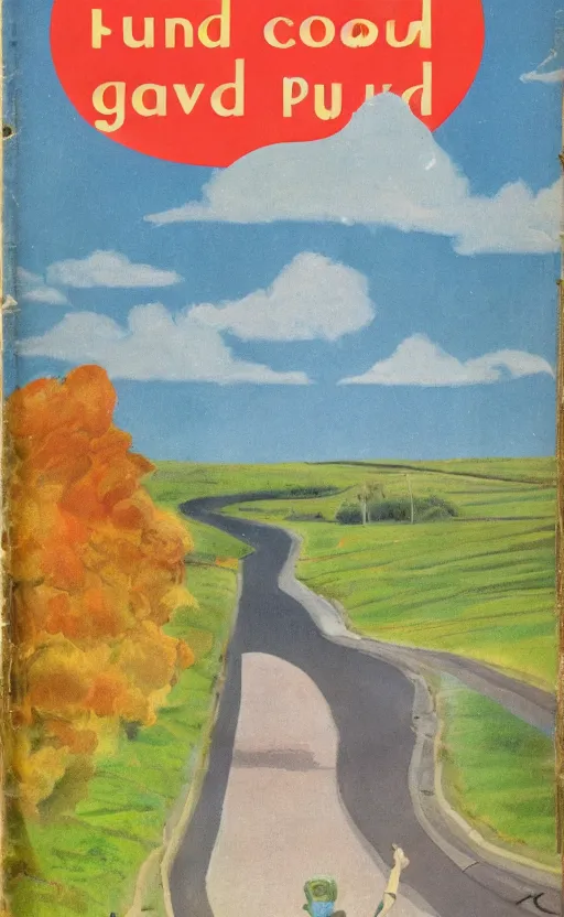 Prompt: paperback book cover. 1 9 5 0 s. pure colors, melting clouds, accurately drawn details, a sunburst above a receding road with the light reflected in furrows and ruts, after rain. and no girls.