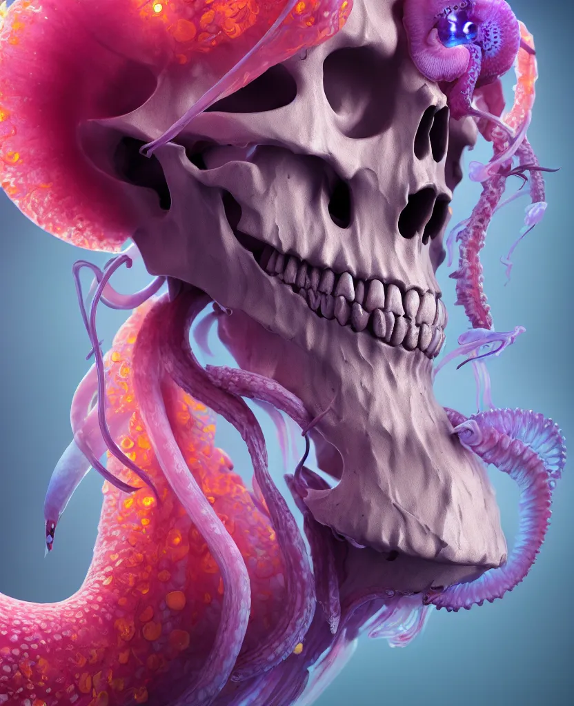 Image similar to goddess close - up portrait human skull, ram skull, squid phoenix jellyfish, orchid, betta fish, bioluminiscent, intricate artwork by tooth wu and wlop and beeple. octane render, trending on artstation, greg rutkowski very coherent symmetrical artwork. cinematic, hyper realism, high detail, octane render, 8 k