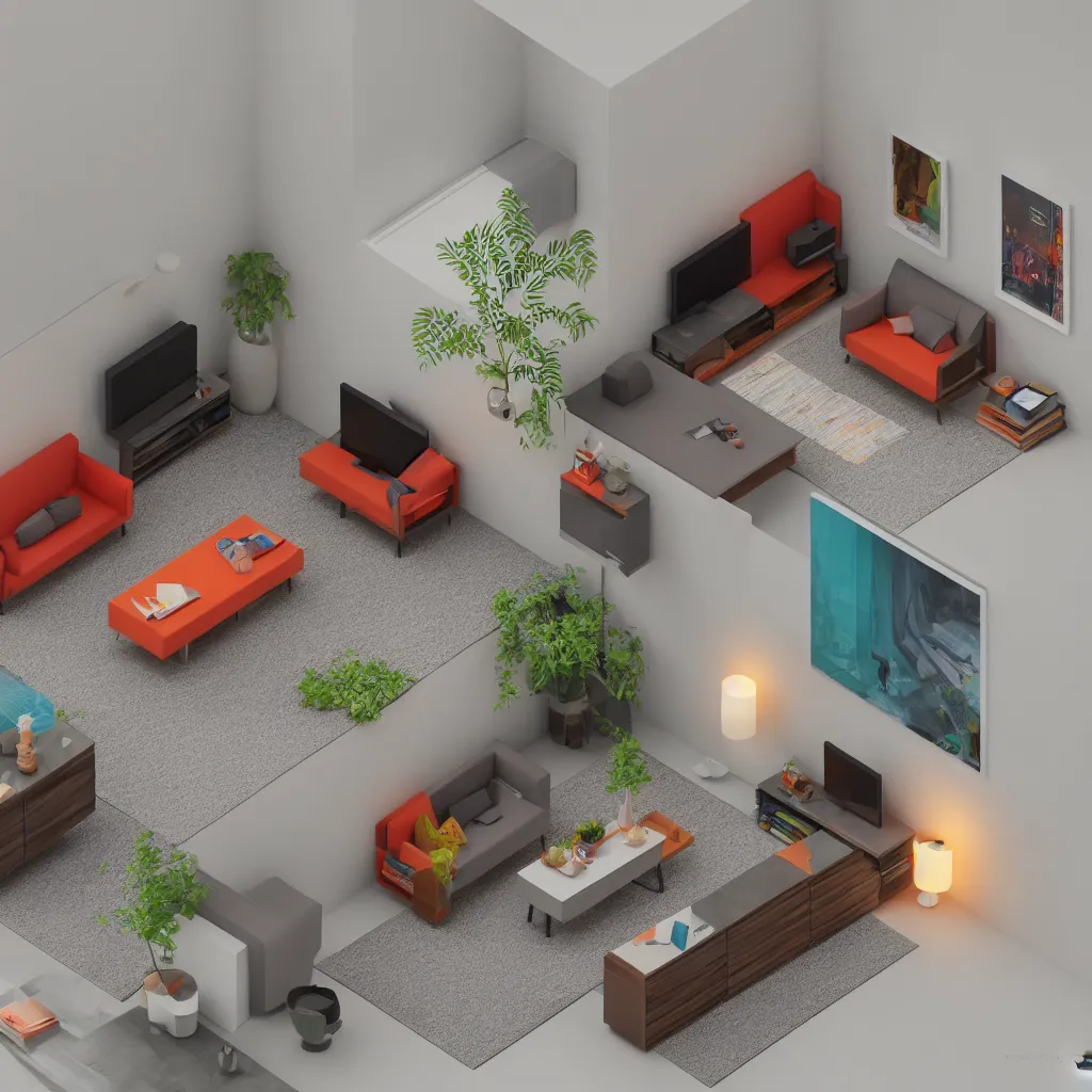 Prompt: small isometric living room, octane render, amazing colors, hdri, 8k high quality, trending on art station