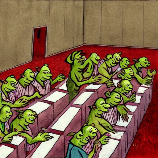 Image similar to shrek at nuremberg trials. court painting