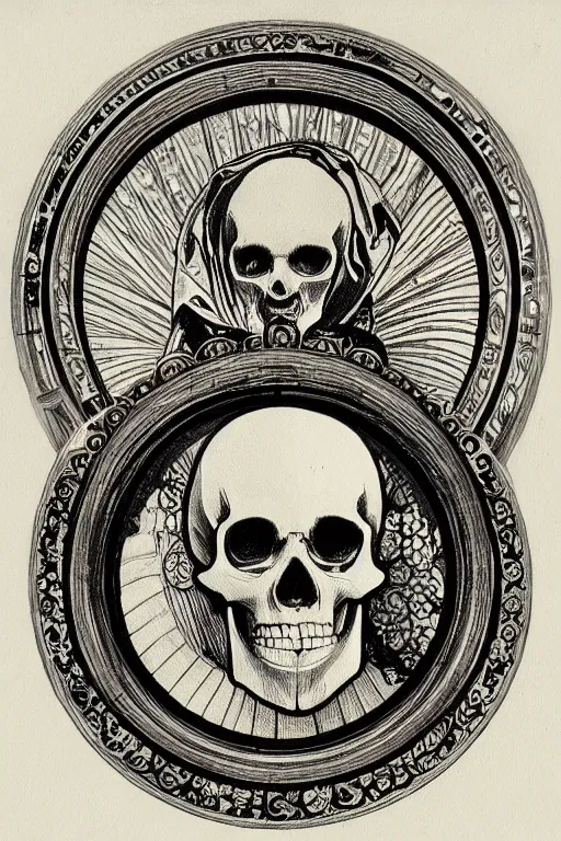 Prompt: skull in the center of a round frame, in the style of Mucha,