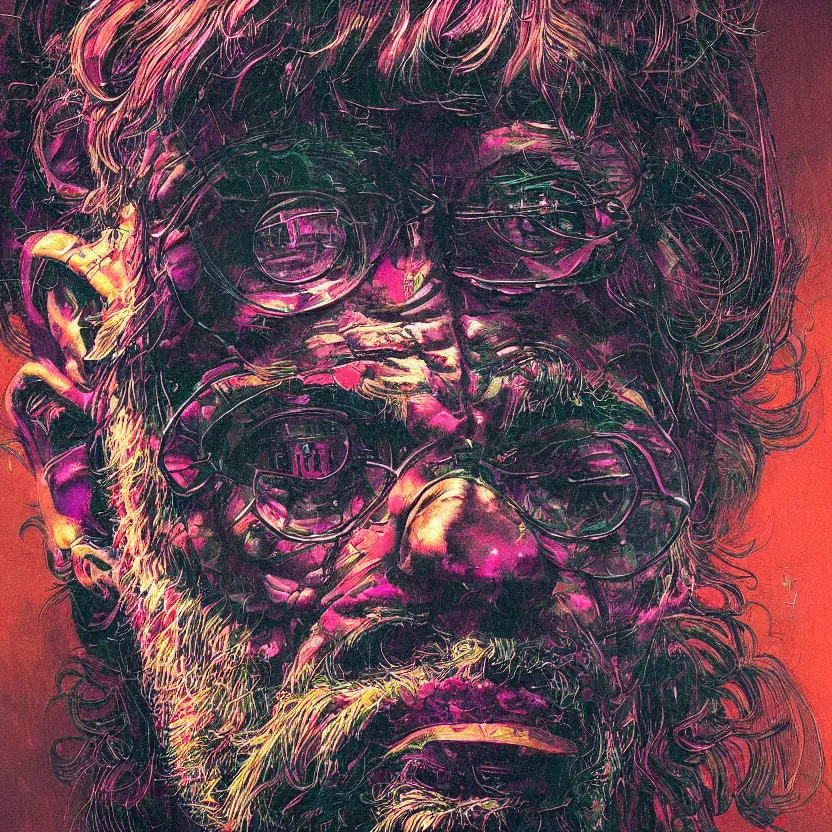 Image similar to a dark close - up colorful portrait of retrofuturistic terence mckenna. reflective detailed textures. gloomy black background. highly detailed fantasy science fiction painting by moebius, norman rockwell, frank frazetta, and syd mead. rich colors, high contrast. artstation