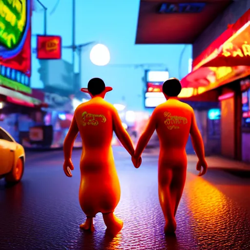 Prompt: a bacon man and fried egg man hold hands, the streets of myanmar, night time, neon lights, raining, romantic, ultra realistic, 4k, art station, unreal engine